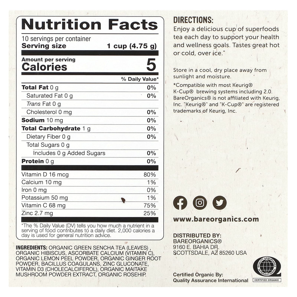 BareOrganics, Daily Defense, чай с суперфудами, зеленый чай, 10 чашек по 4,75 г (0,17 унции)