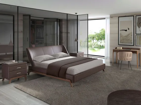 Прикроватная тумбочка 7162/GNS576 из ореха, коричневой экокожи и черного стекла