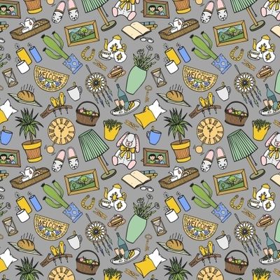 ПРЕДМЕТЫ УЮТНОГО ИНТЕРЬЕРА НА СЕРОМ ФОНЕ