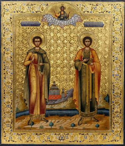 Трифон святой мученик Апамейский (Никейский) и Пантелеимон Целитель. Деревянная икона на левкасе