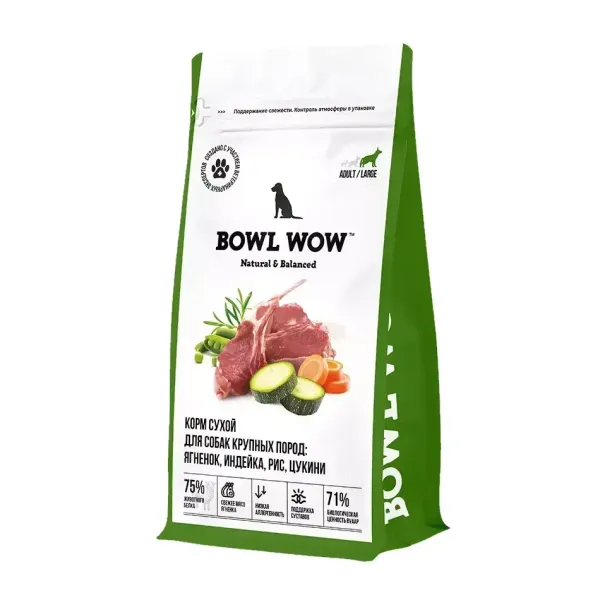 Уценка! Срок 27.08.26/ Сухой корм BOWL WOW для взрослых собак крупных пород с ягненком, индейкой, рисом и добавлением цукини