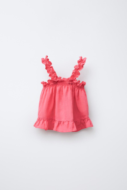 ZARA ТОП ИЗ 100% ЛЬНА С ВОЛАНАМИ, КОРАЛЛОВО-КРАСНЫЙ