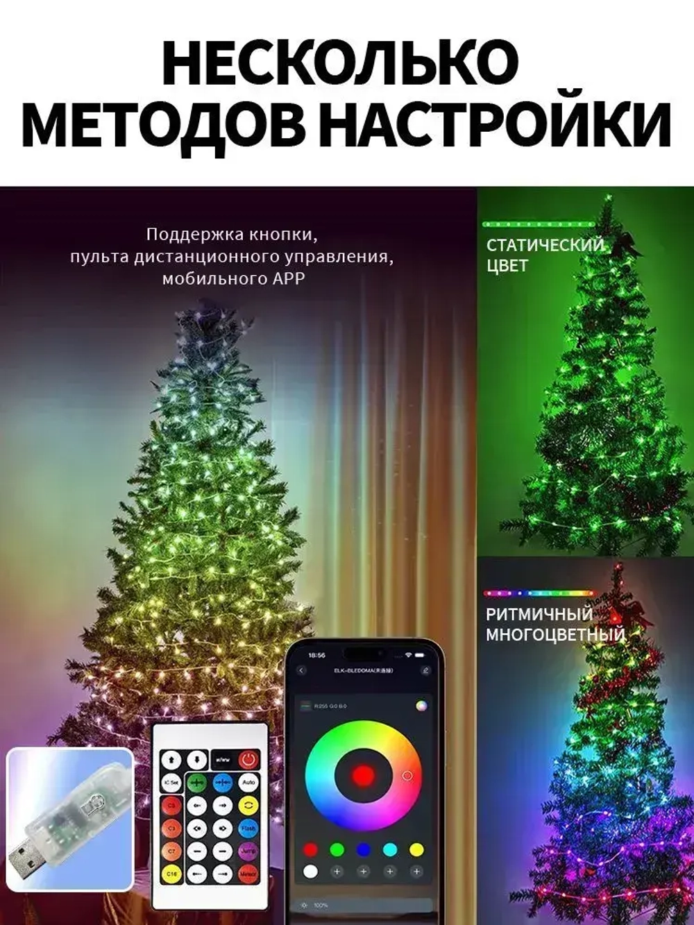 Светодиодная лента, 20м, с пультом, USB-порт, 200 LED, IP67,10 LED/м, RGBлента светодиодная/
