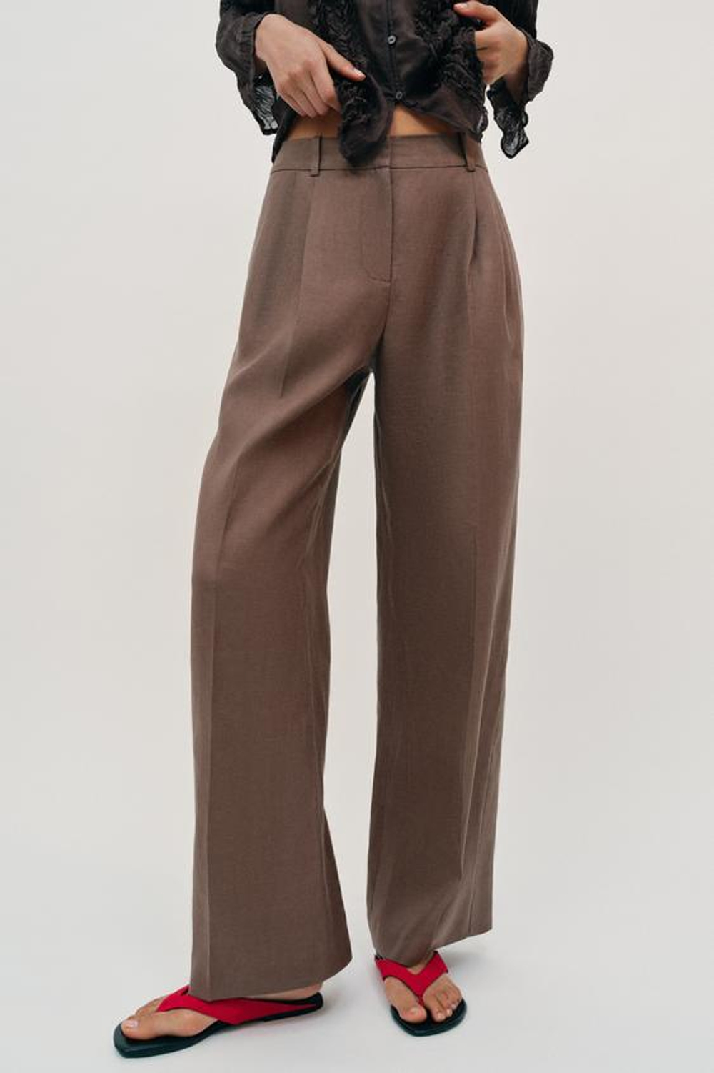 ZARA ПРЯМЫЕ БРЮКИ ИЗ 100% ЛЬНА, СЕРО-КОРИЧНЕВЫЙ