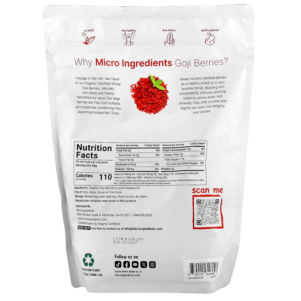 Micro Ingredients, Органические ягоды годжи, 907 г (2 фунта)