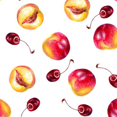 Персики и черешня акварельный