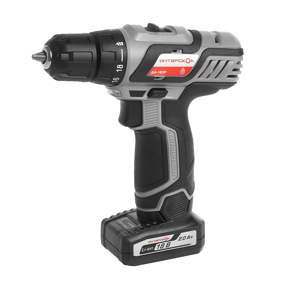 Аккумуляторная дрель-шуруповерт ИНТЕРСКОЛ ДА-18ЭР, 18 В, 1400 об/мин, с 2 АКБ 2 Ач и ЗУ (436.2.2.20)
