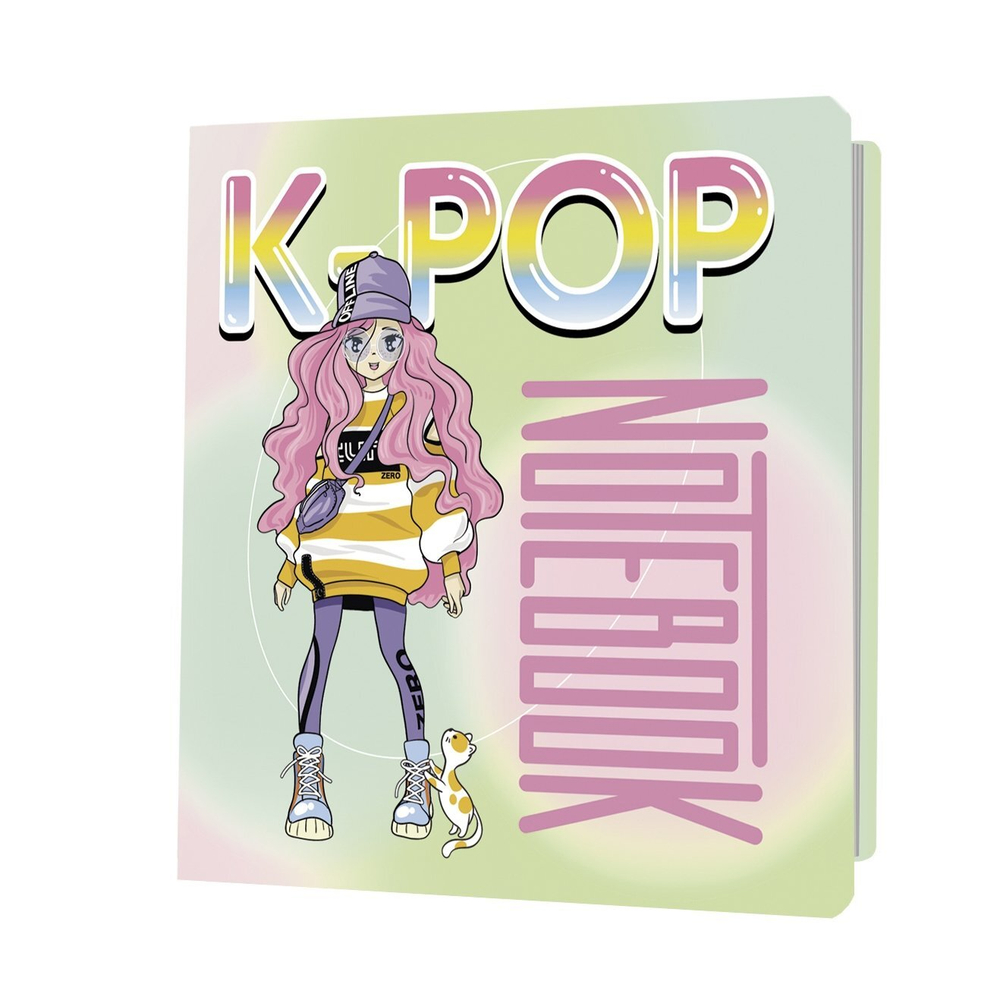 Блокнот 130х130 мм, скрепка, Контэнт-Канц, ламин. картон, выб-лак, 32 л., диз.вн.блок в клетку, "К-РОР. Девочка в полный рост", зелёно-розовый