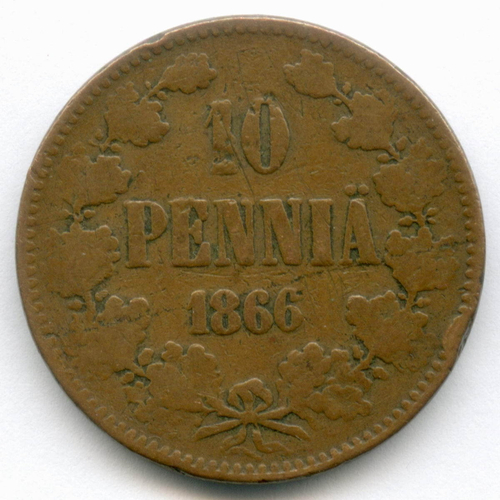 10 пенни 1866 год. Россия для Финляндии (Вензель Александра II). F-