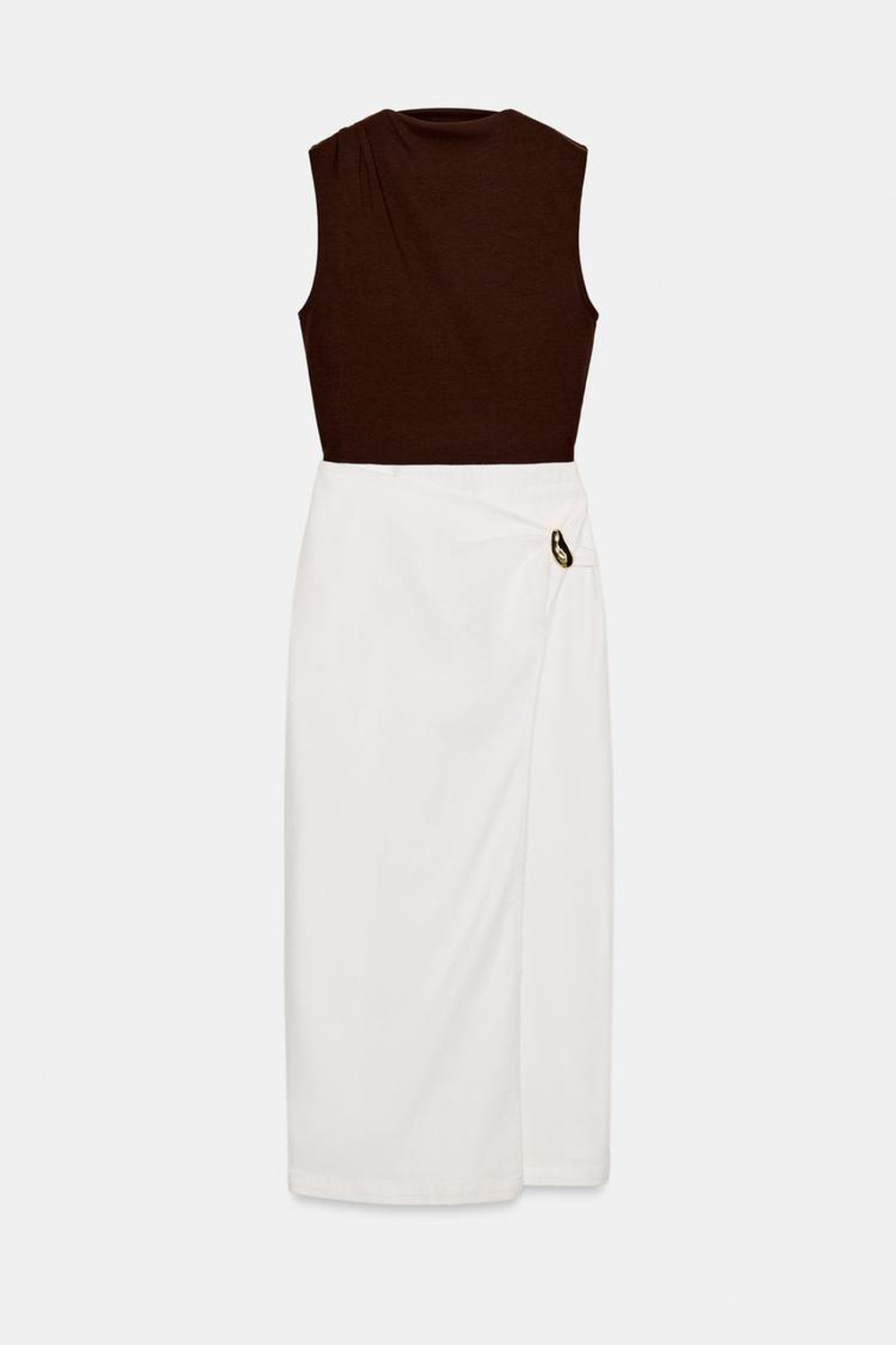 ZARA КОМБИНИРОВАННОЕ ПЛАТЬЕ МИДИ С ФУРНИТУРОЙ, КОРИЧНЕВЫЙ/ЭКРЮ