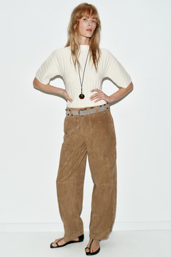 ZARA ТОП В РУБЧИК С ОБЪЕМНЫМИ РУКАВАМИ, ЭКРЮ