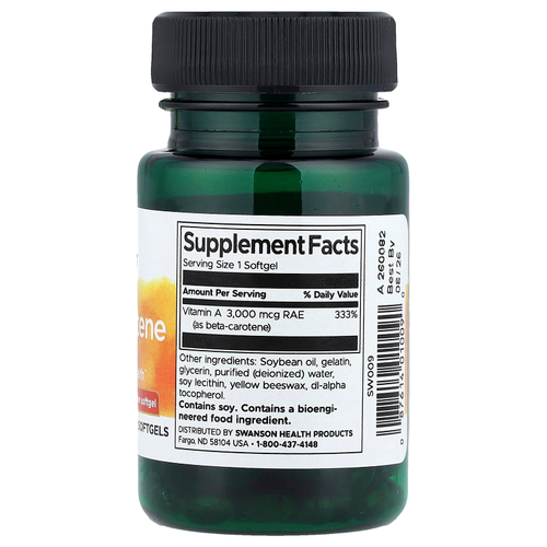 Swanson, Бета-каротин, 10 000 МЕ (3000 мкг RAE), 100 мягких таблеток