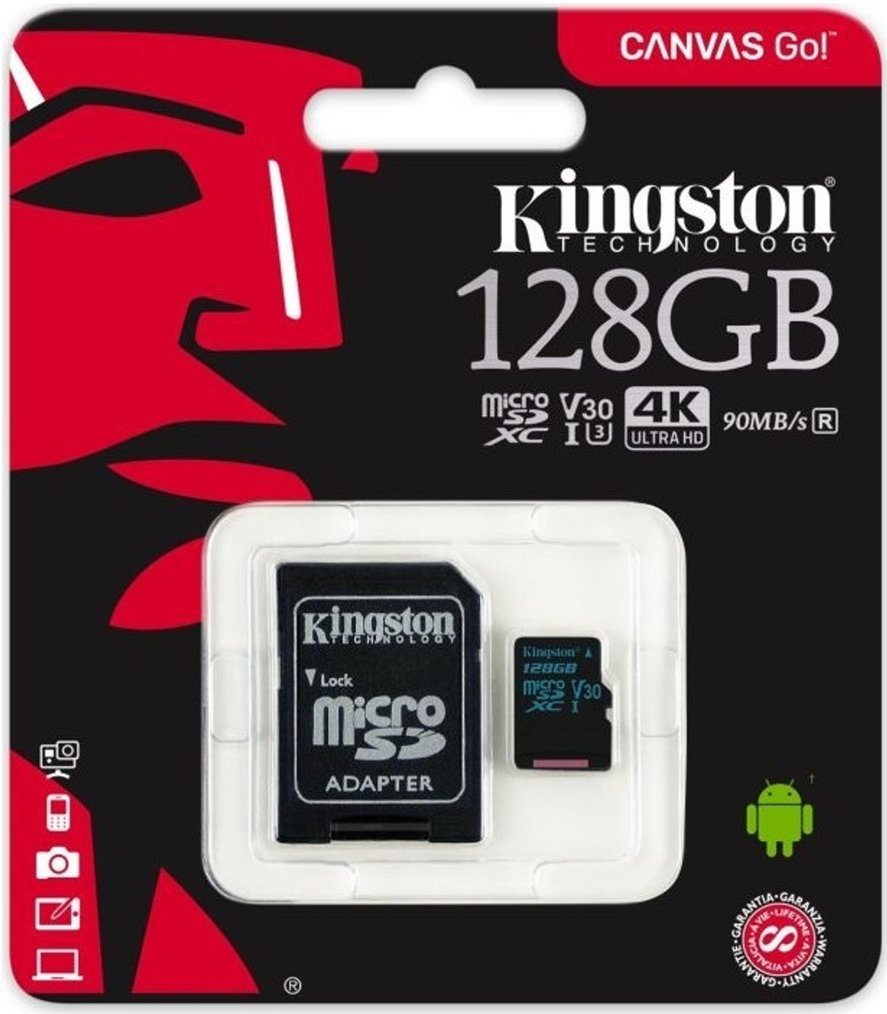 Карта памяти Kingston microSDHC 128Gb Canvas Go с адаптером