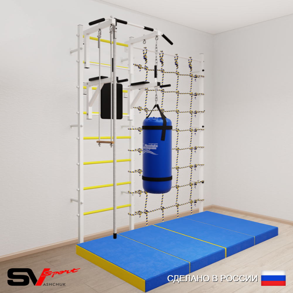 Шведская стенка Sv Sport 57670 (Турник стандарт/Брусья/Канат/Трапеция/Цепь/Мешок 30кг/Мат 2м/Канатный лаз)