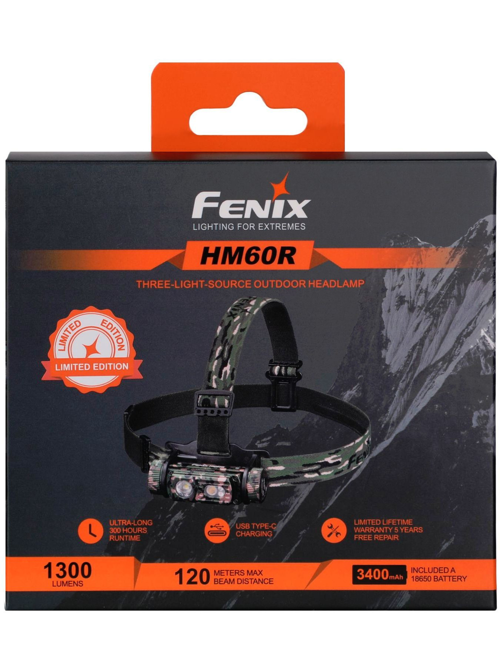 Фонарь налобный Fenix HM60R цвет камуфляж, ближний/дальний свет и красный свет, аккумуляторный, Type