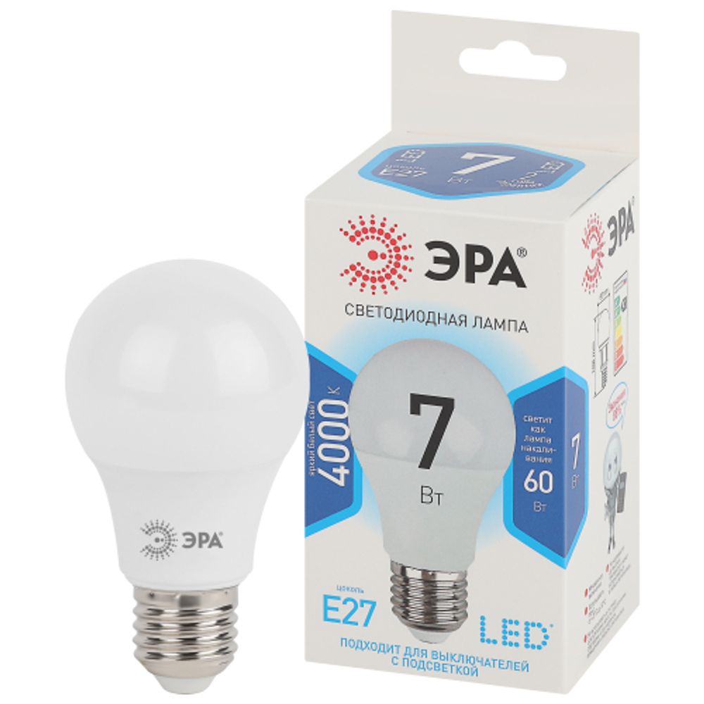 Лампа светодиодная ЭРА STD LED A60-7W-840-E27 7Вт груша нейтральный белый свет Е27 | Лампы cветодиодные Груша (A)