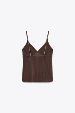 ZARA ТОП С V-ОБРАЗНЫМ ВЫРЕЗОМ, ТЕМНО-КОРИЧНЕВЫЙ