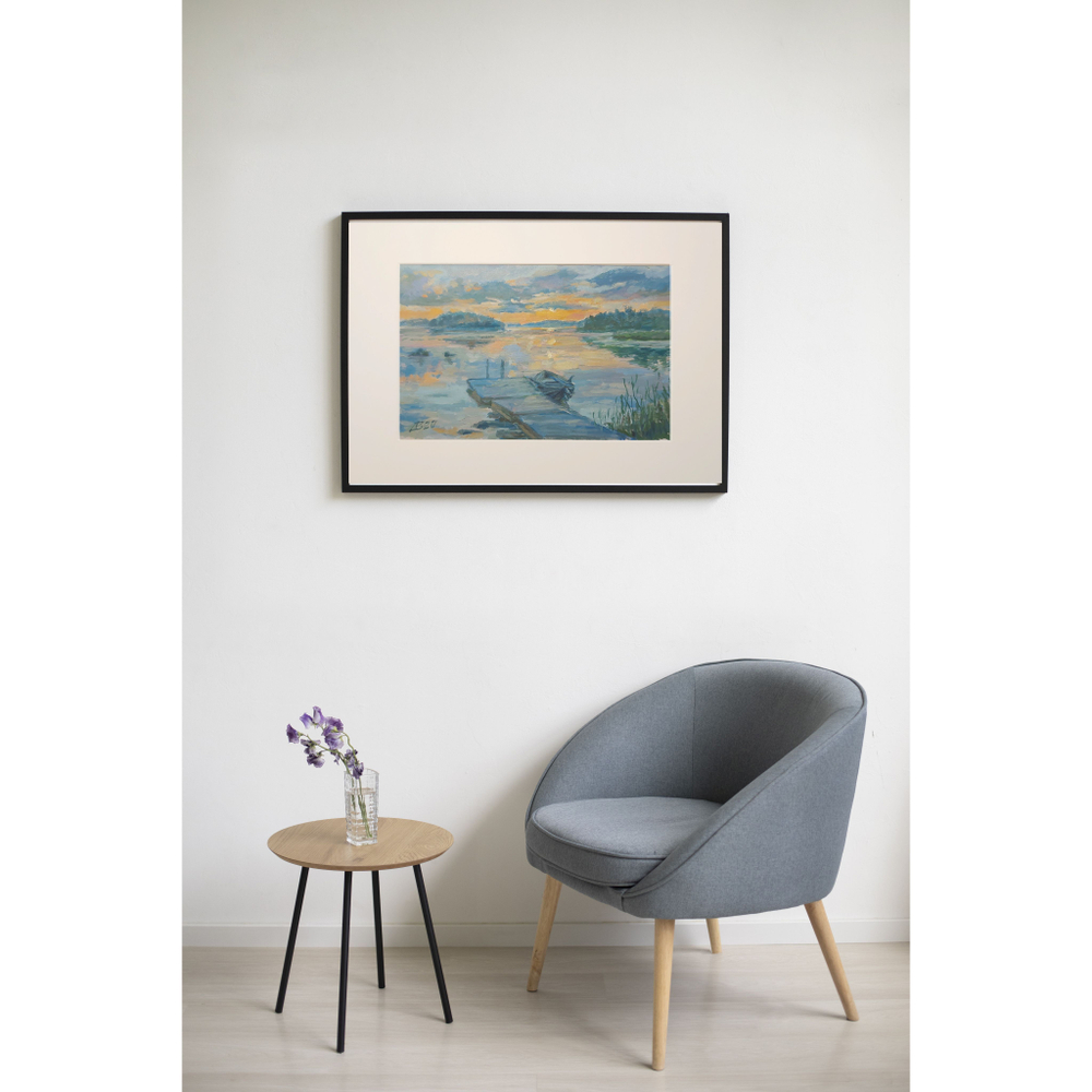 Постер с паспарту 40х50 см Репродукция с авторской картины маслом "Финляндия. Светает"