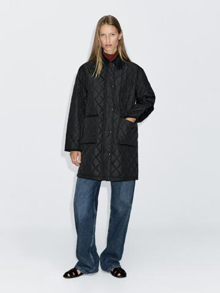Massimo Dutti Удлиненный пуховик с деталью из вельвета, черный