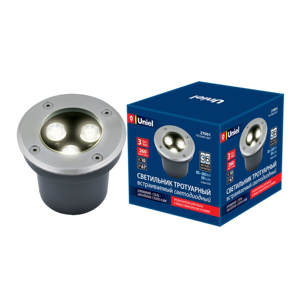 ULU-B10A-3W-2700K IP67 GREY Светильник светодиодный уличный. Архитектурный встраиваемый. Теплый белый свет 2700К. Корпус серый. TM Uniel.