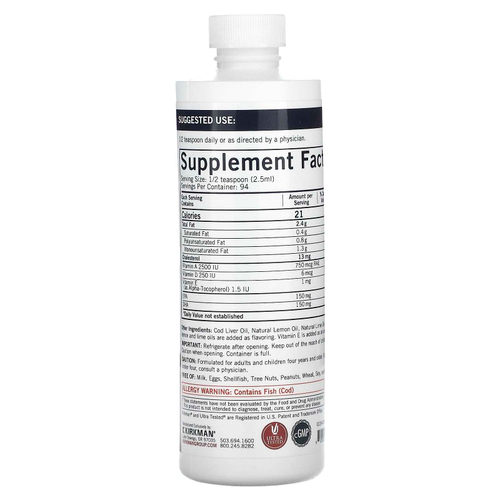 Kirkman Labs, жидкий жир печени трески, натуральный лимон и лайм, 237 мл (8 жидк. унций)
