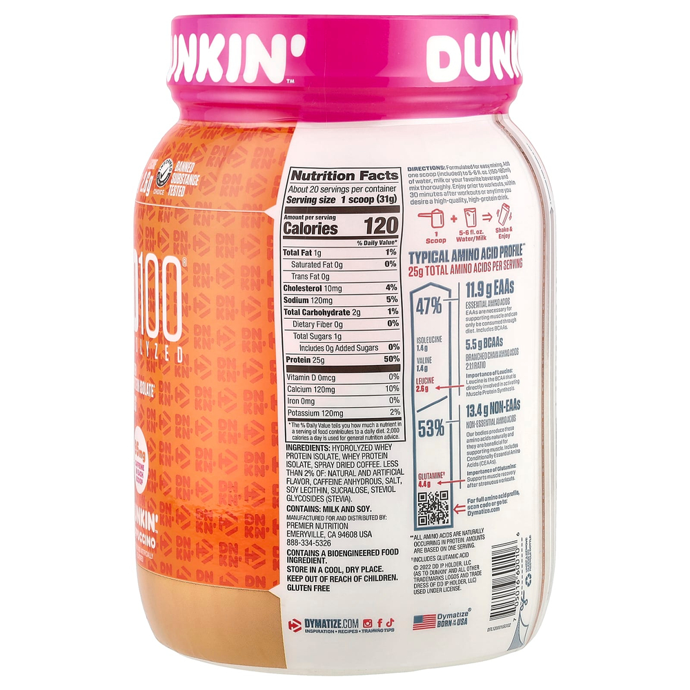 Dymatize, ISO100, гидролизованный, 100% изолят сывороточного протеина, Dunkin 'Cappuccino, 610 г (1,3 фунта)