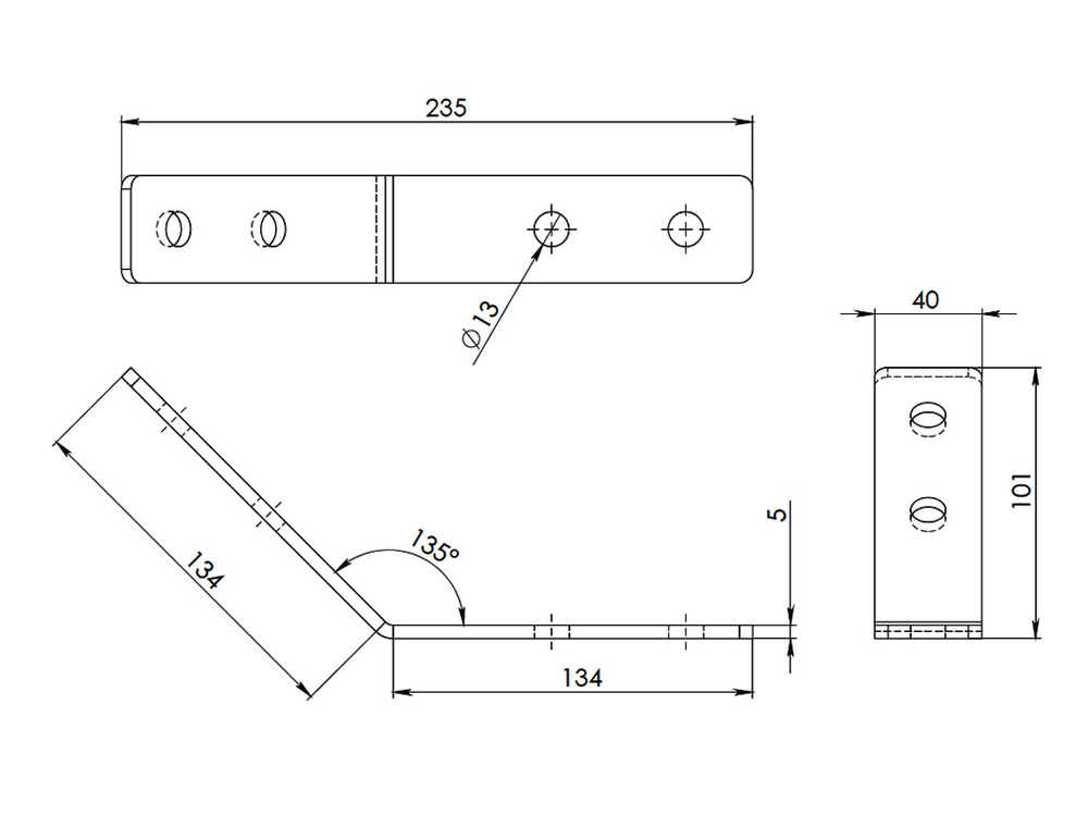 ТМС Strut уголок 135°, 4 отверстия, 134х134мм (ТДЦ)
