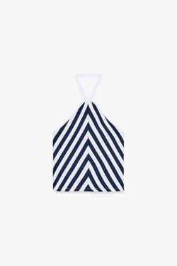 ZARA ТОП В ПОЛОСКУ С ГОРЛОВИНОЙ ХАЛТЕР, БЕЛЫЙ/МОРСКОЙ-СИНИЙ