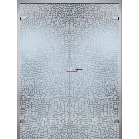 Фото стеклянной распашной двухстворчатой двери Аллигатор бесцветное матовое с алюминиевой коробкой