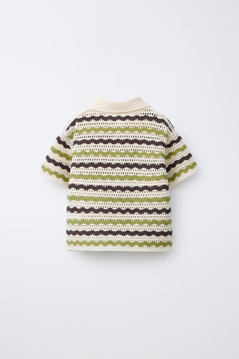 ZARA РУБАШКА ИЗ КРУЖЕВА КРОШЕ С ПРИНТОМ «ЗИГЗАГ», ЭКРЮ/ЗЕЛЕНЫЙ