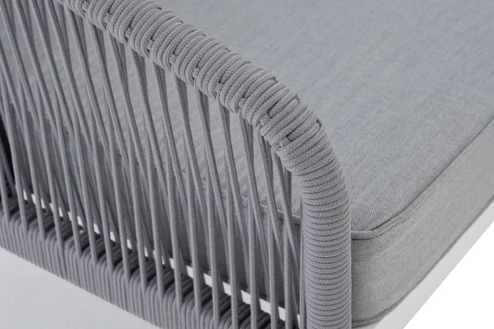 "Канны" диван модульный плетеный из роупа, каркас алюминий белый, роуп светло-серый круглый, ткань светло-серая