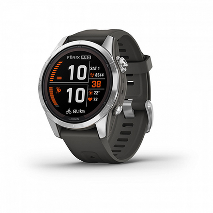 Garmin FENIX 7S PRO Solar 42 мм серебристый с черным силиконовым ремешком (010-02776-01)