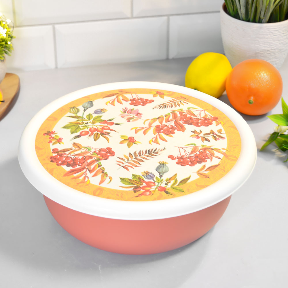 Миска 3,2л с крышкой с декором (оранжевый)