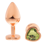 Золотистая анальная пробка OYO 7,3см с зеленым кристаллом-сердцем