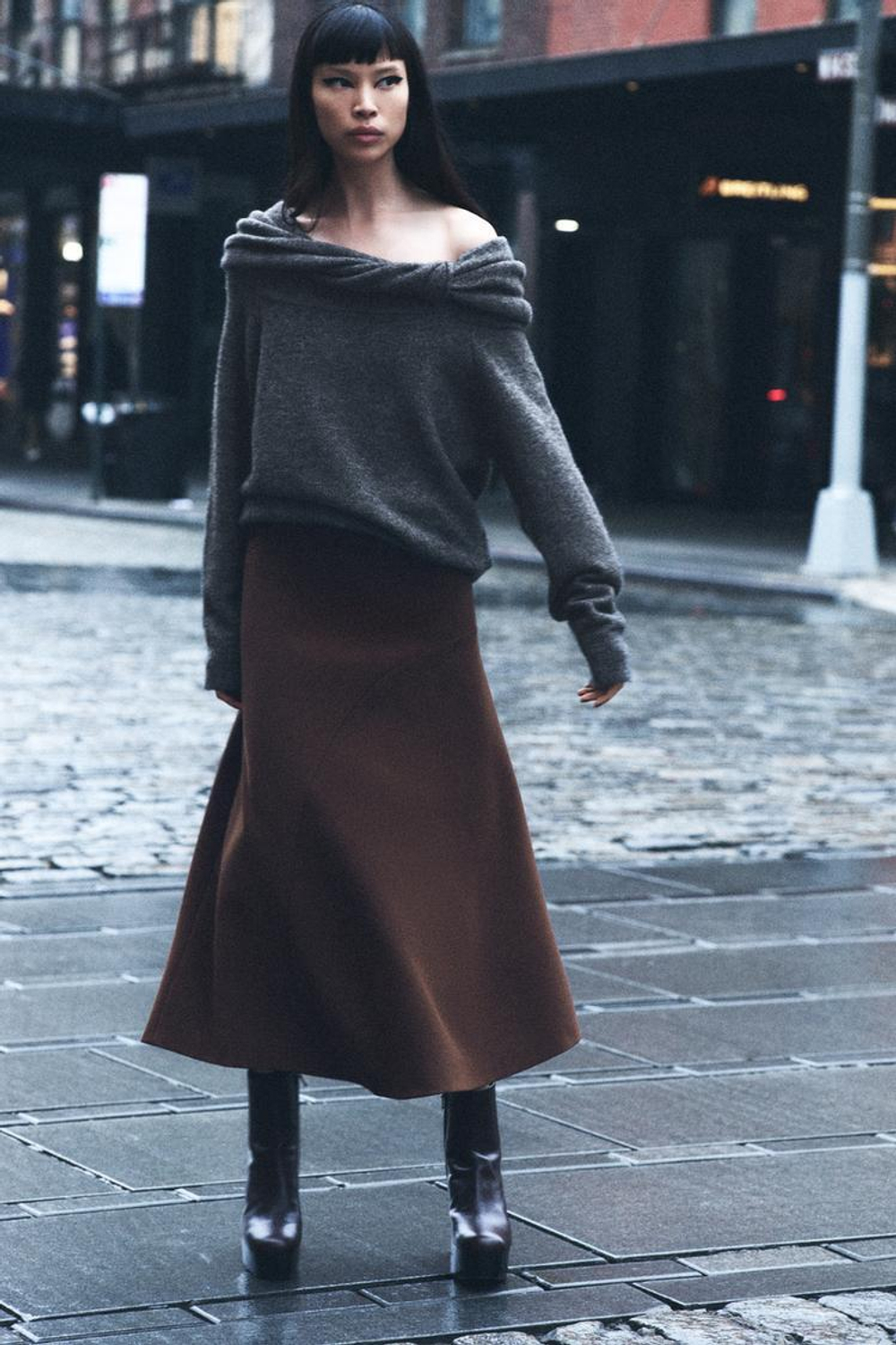 ZARA СВИТЕР С ОТКРЫТЫМИ ПЛЕЧАМИ, СЕРЫЙ С МЕЛАНЖЕВЫМ ЭФФЕКТОМ