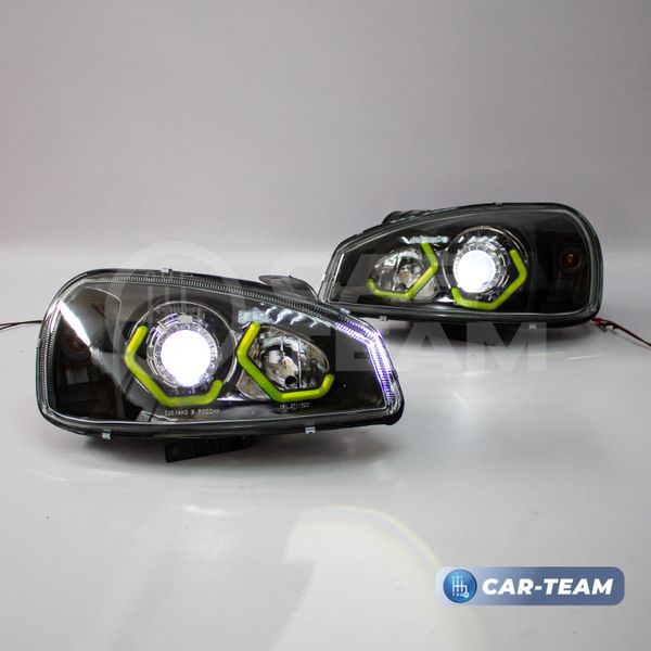 Фары Лада Калина 1 передние в стиле BMW с Bi LED модулями 2,0 дюйма, галочки в цвете Lime