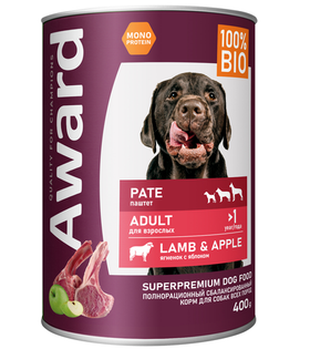 Award Взрослые собаки паштет из ягненка с яблоком 400гр.