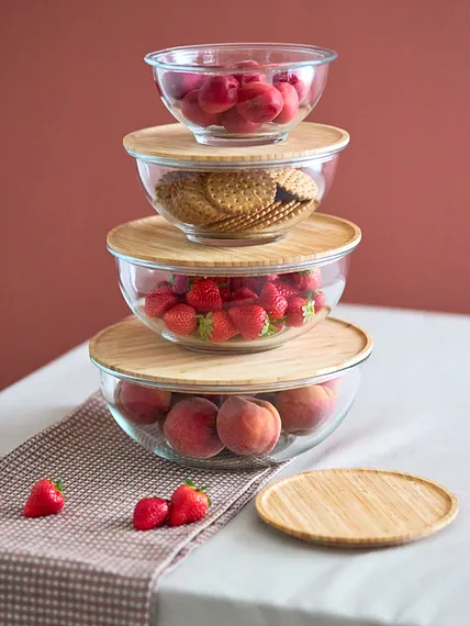 Набор из 4-х стеклянных мисок eco store с крышками из бамбука