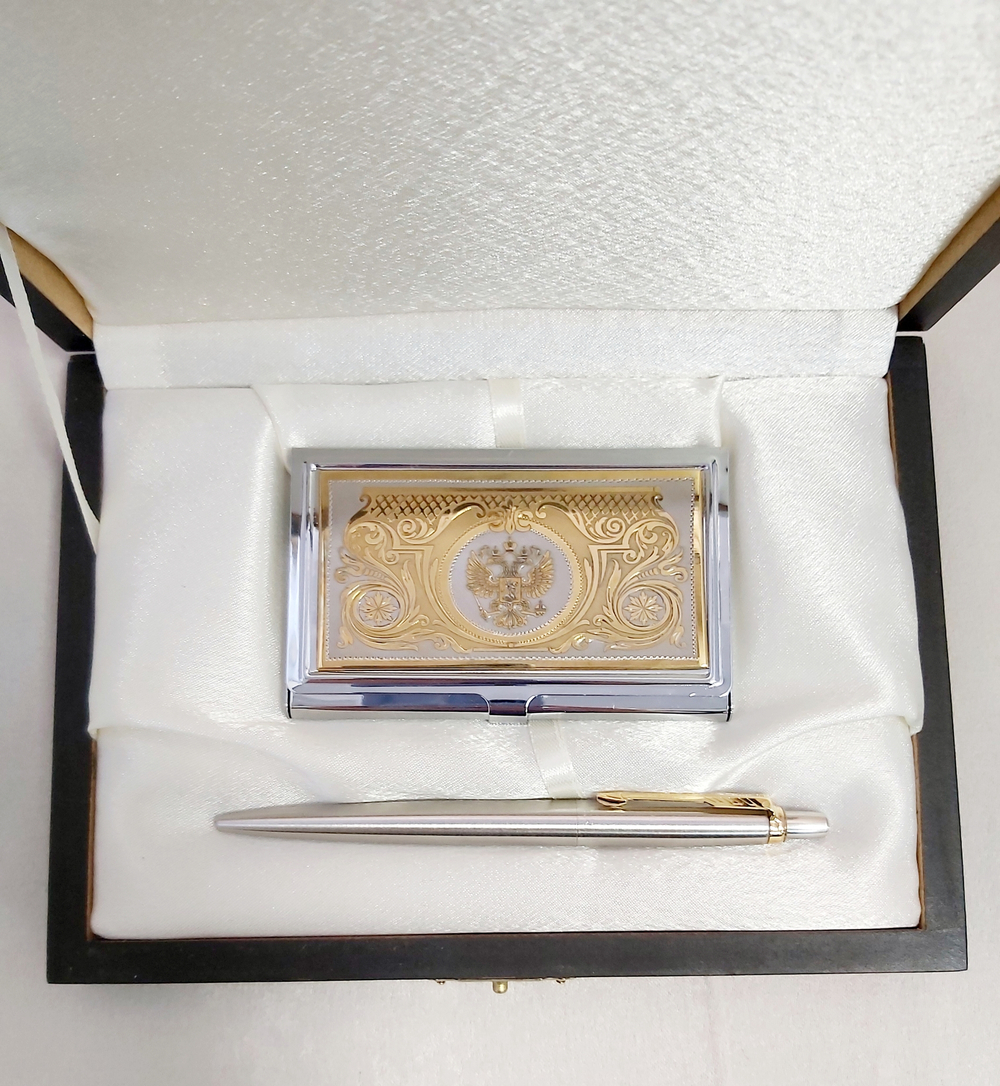 Набор "Гербовый" №12 визитница (Златоуст), ручка Паркер