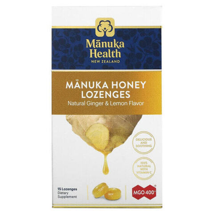От гриппа и простуды Manuka Health, Леденцы с медом Manuka, MGO 400+, имбирь и лимон, 15 леденцов