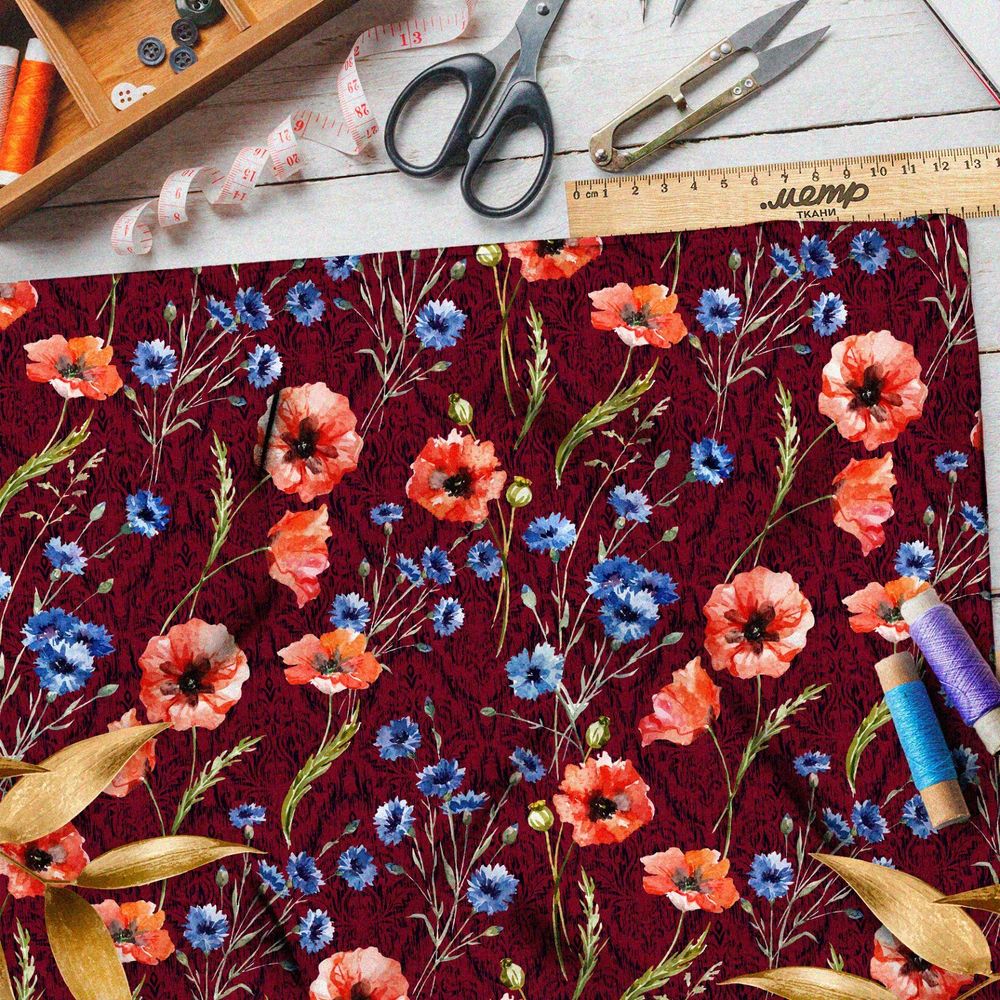 Ткань дюспо маки и васильки на бордовом фоне
