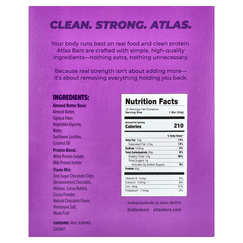 Atlas Bar, протеиновый батончик, темный шоколад и миндаль, 12 батончиков по 54 г (1,9 унции)