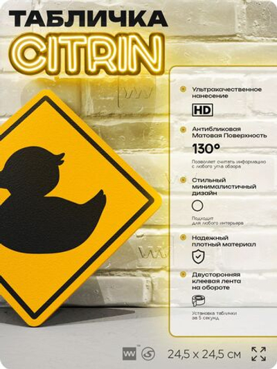 Табличка прикольная "Осторожно, уточка" на дверь и стену, информационная и предупреждающая, декоративный знак, 24,5х24,5 см, пластиковая, Айдентика Технолоджи