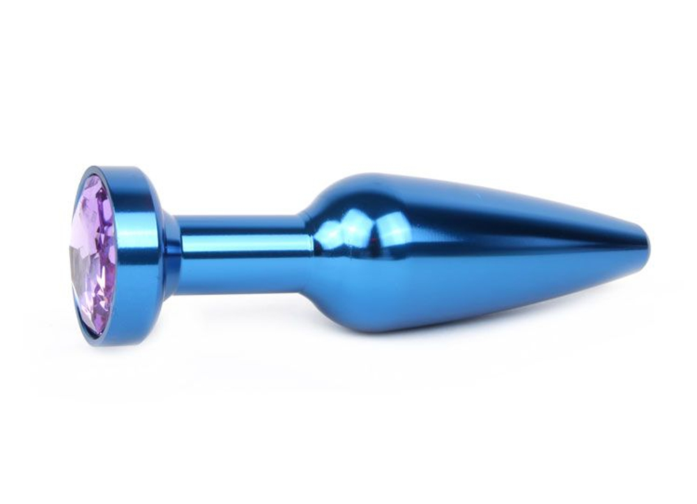 Удлиненная коническая гладкая синяя анальная втулка с сиреневым кристаллом - 11,3 см. (Цвет: сиреневый)