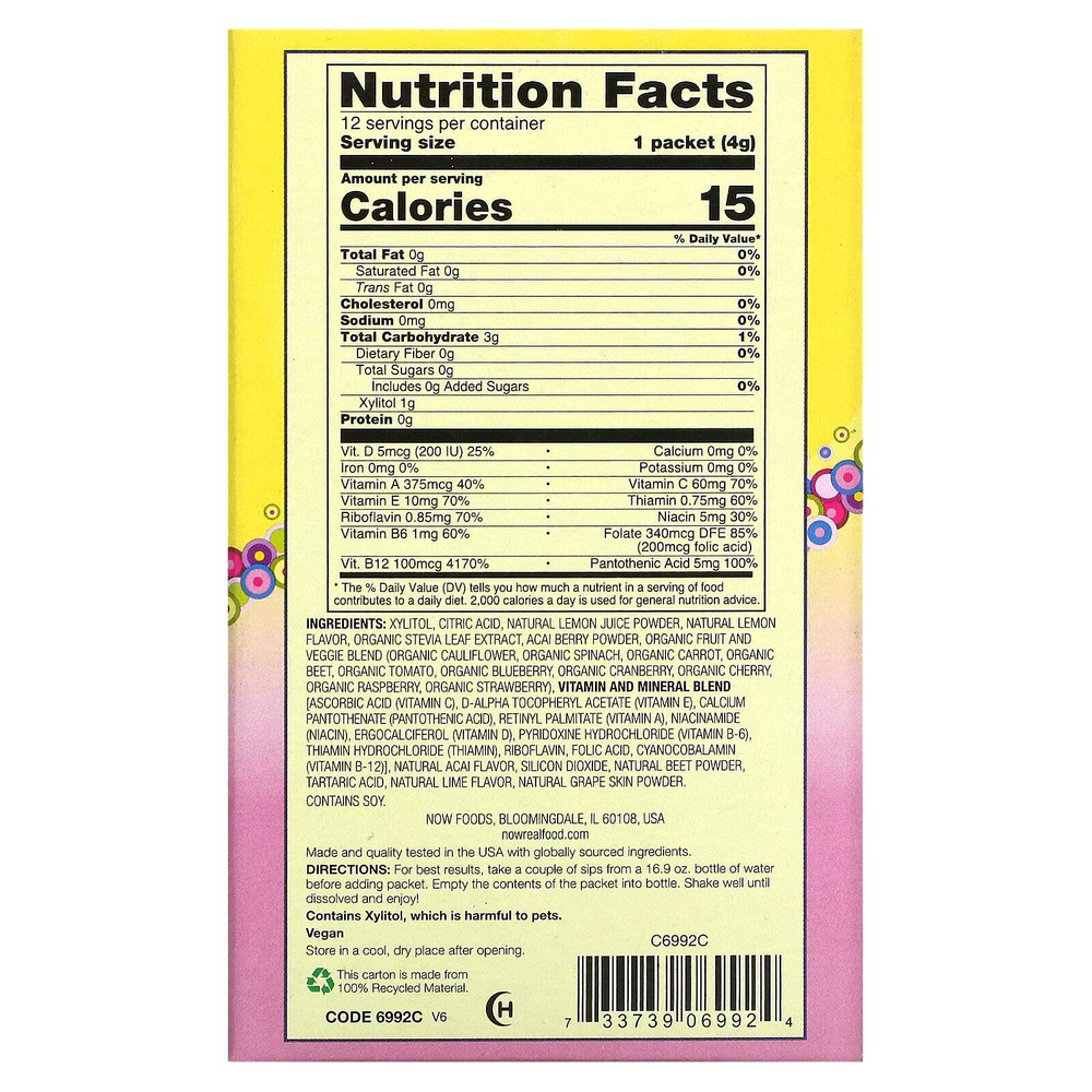 NOW Foods, Real Food, Слендер Стикс, Асаи, лемонад, 12 пакетиков, 4 г каждый