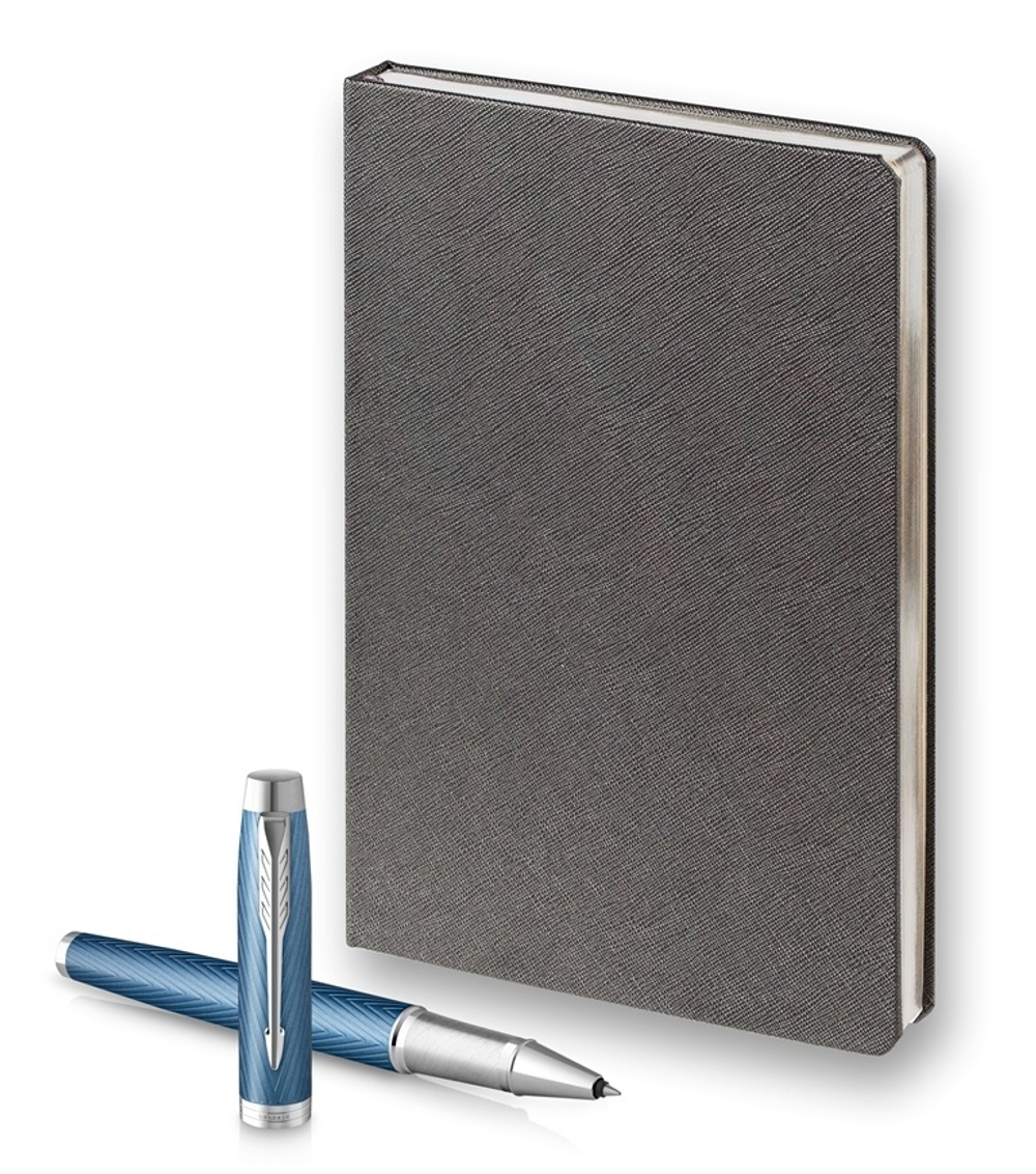 Подарочный набор: Ручка роллер Parker IM Premium T318 Blue Grey CT, цвет чернил черный и  ежедневник серебристого цвета