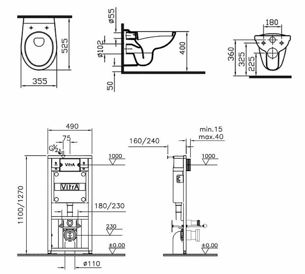 Унитаз подвесной Vitra Normus 9773B003-7202 с инсталляцией, с крышкой, белый, кнопка хром