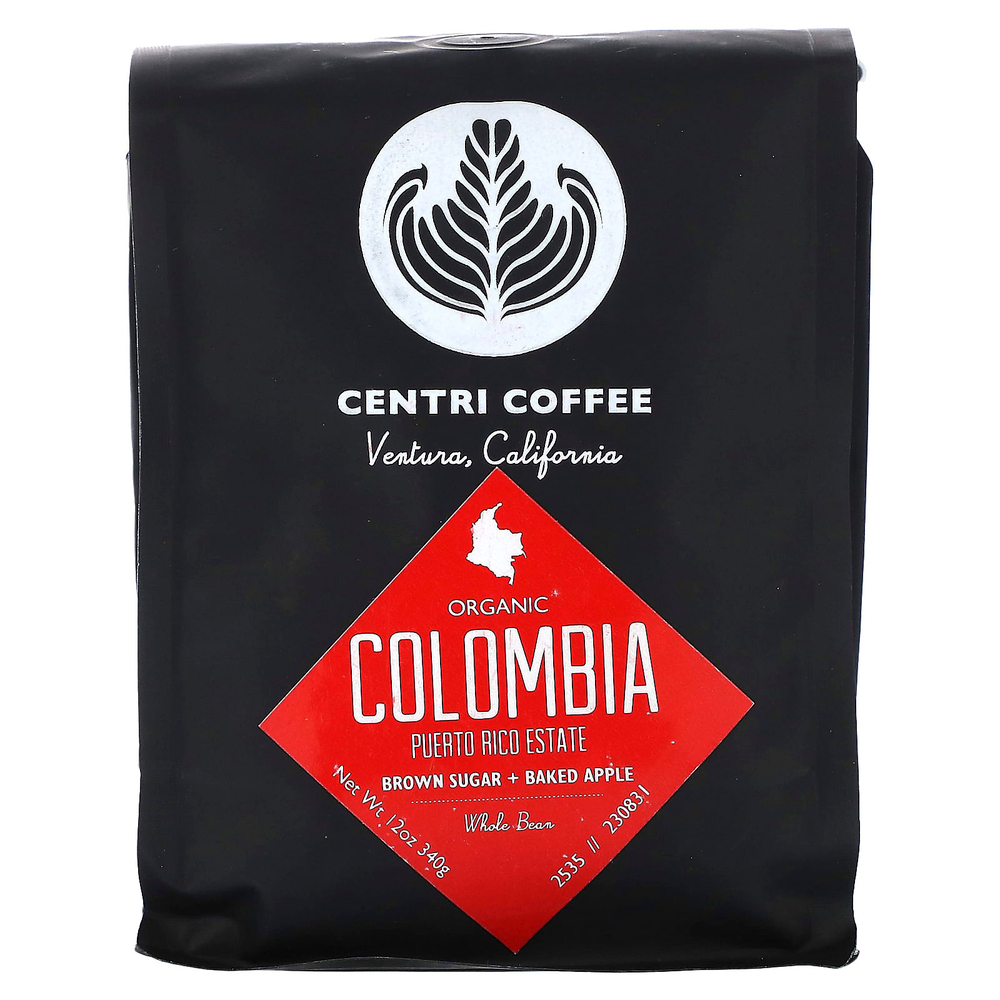 Centri Coffee, Centri Coffee, органическая Колумбия, коричневый сахар и запеченное яблоко, цельные бобы, 340 г (12 унций)