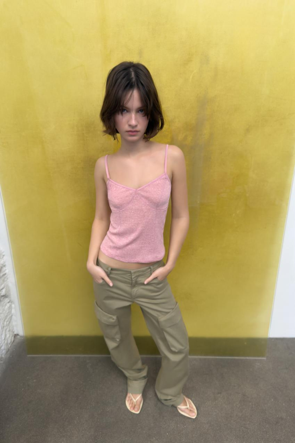 ZARA ТОП НА БРЕТЕЛЯХ ИЗ ХЛОПКА, РОЗОВЫЙ МЕЛАНЖ