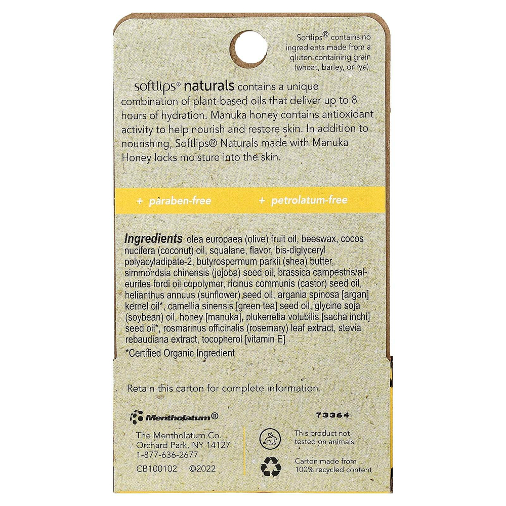 Softlips, Naturals, бальзам для губ с медом манука, мед и мята, 2 палочки по 4,2 г (0,15 унции)